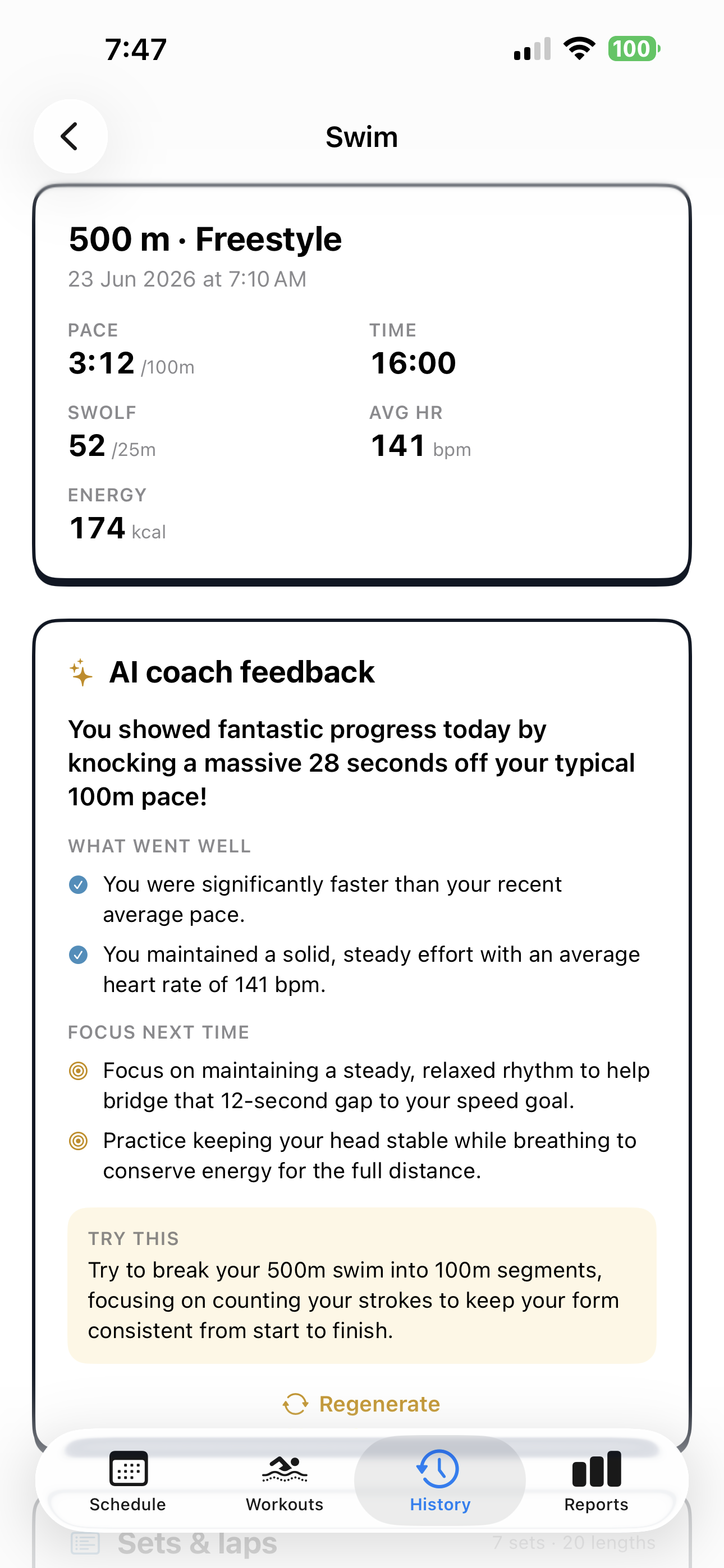 SwimTo1K AI coach feedback screen