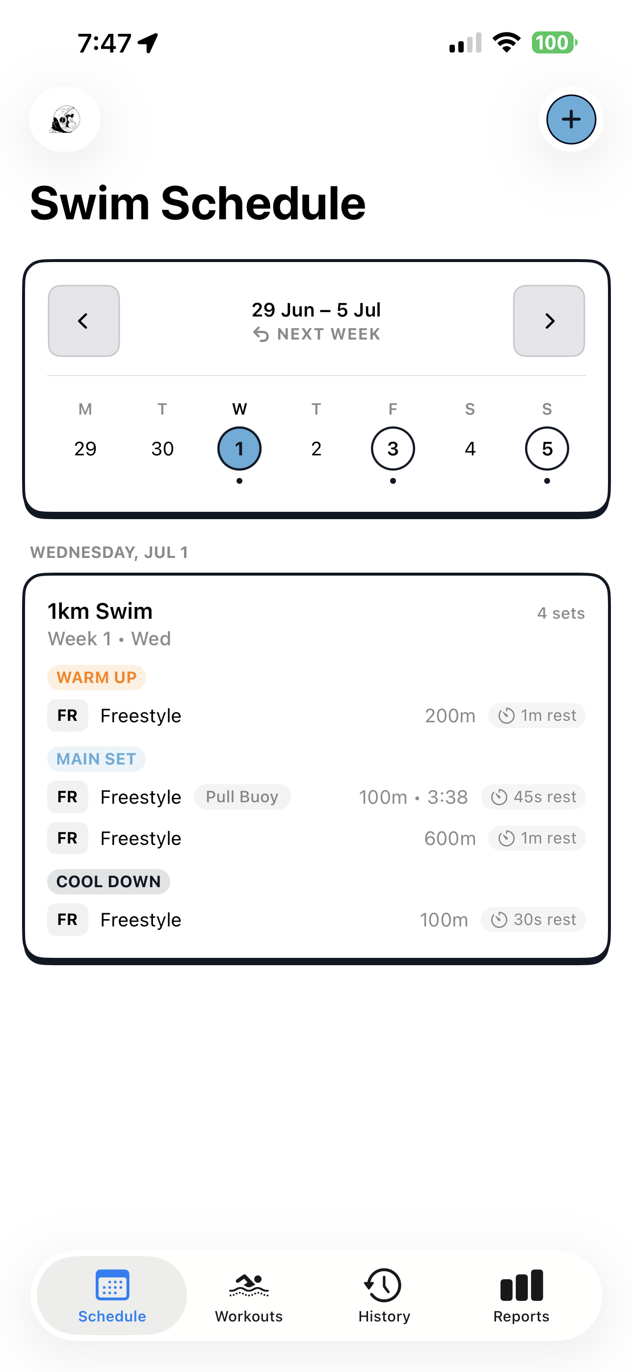 SwimTo1K swim schedule with a generated plan